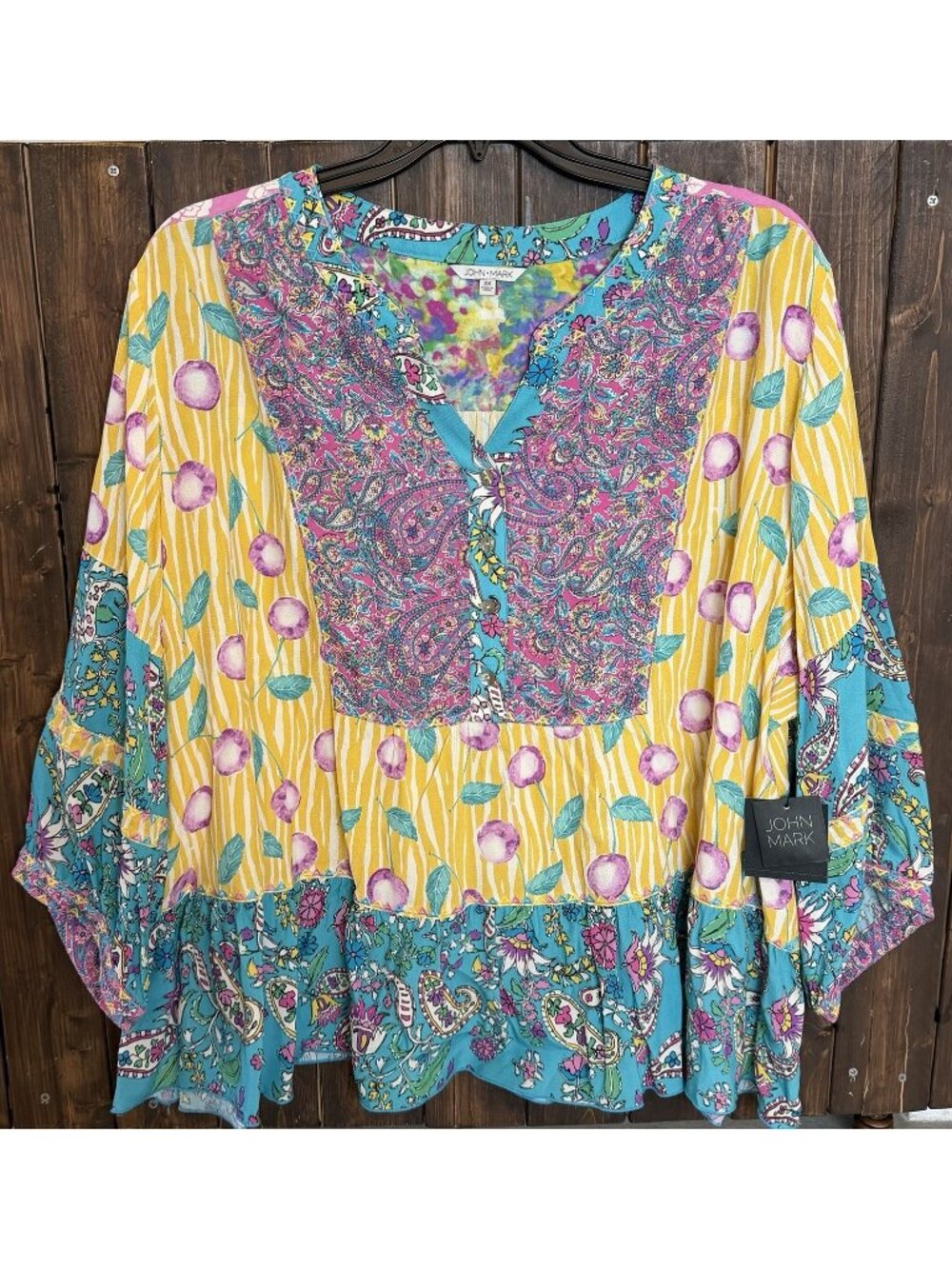 John Mark Womens 3X Cherries Paisley Patchwork Yellow Teal Tunic NWT